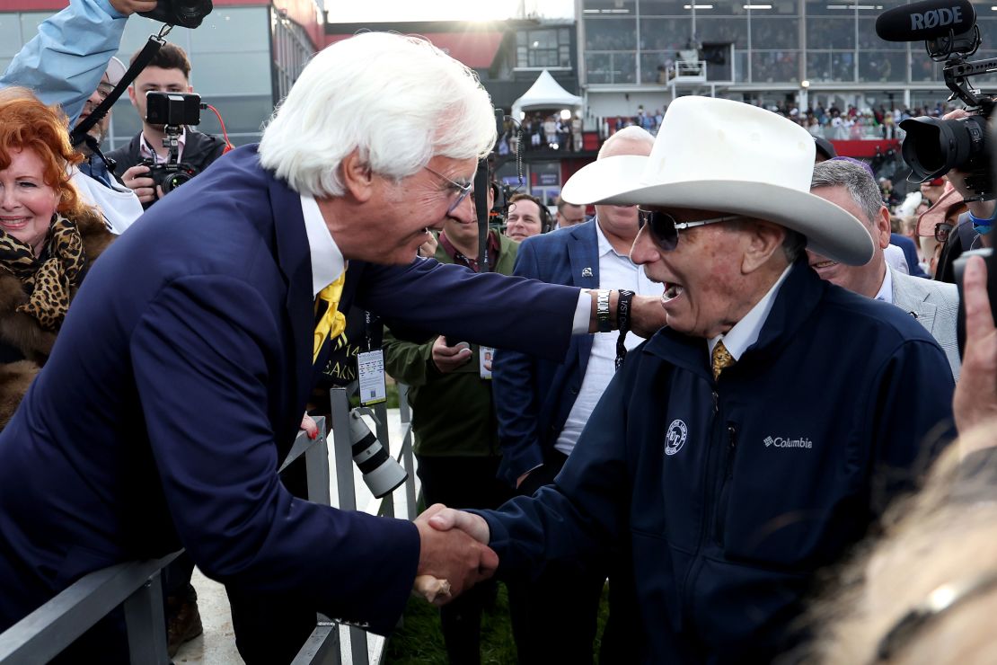 Trainer Bob Baffert, left, congratulates Size the Grey trainer D. Wayne Lukas after his horse won the 149th running of the Preakness Stakes at Pimlico Race Course in Baltimore.