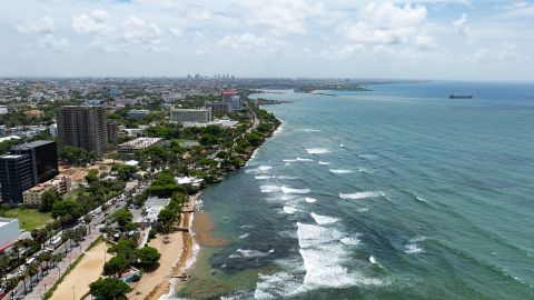 An aerial drone photo taken on May 21, 2024 shows the coastline in Santo Domingo, the Dominican Republic. Abundant tourism resources make the city attractive to tourists.