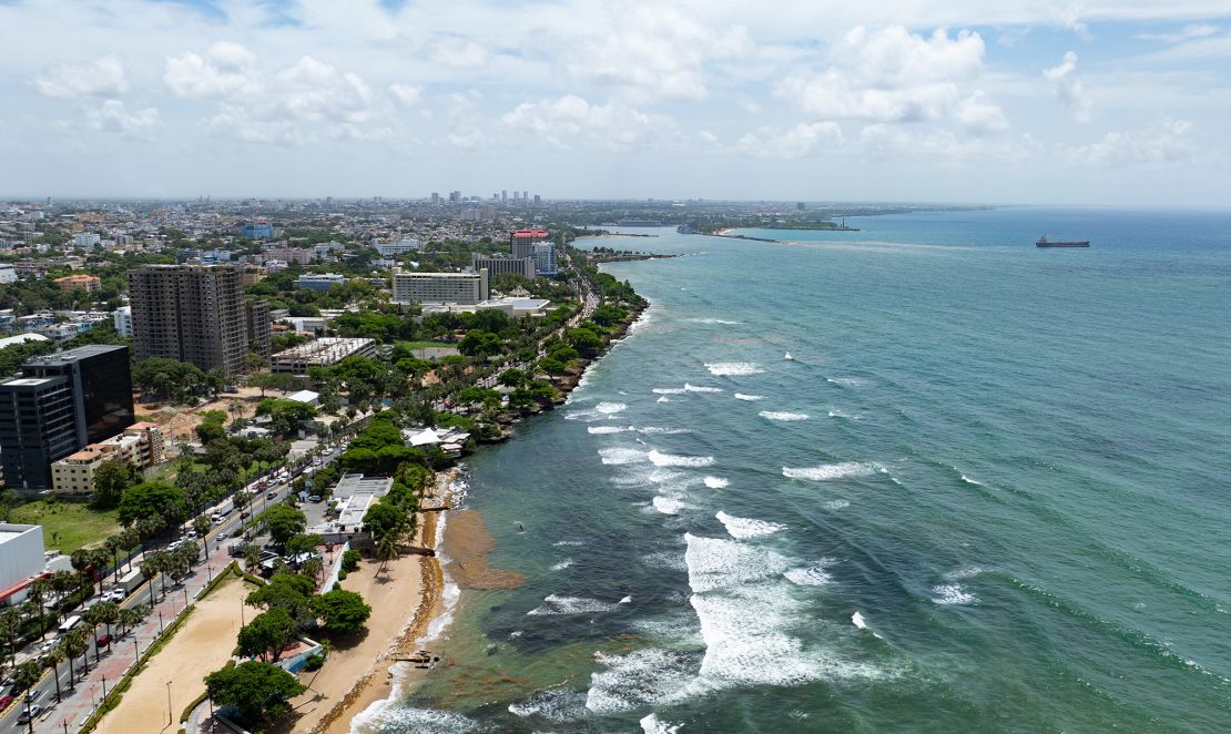 An aerial drone photo taken on May 21, 2024 shows the coastline in Santo Domingo, the Dominican Republic.