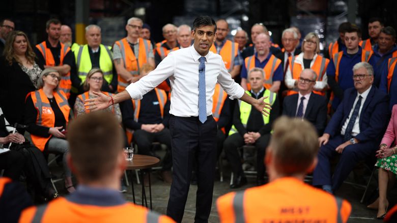 TOPSHOT - Britain's Prime Minister and Conservative Party leader Rishi Sunak holds a Q&A with staff of a West William distribution centre in Ilkeston in the East Midlands on May 23, 2024 as part of a campaign event ahead of a general election on July 4. (Photo by HENRY NICHOLLS / POOL / AFP) (Photo by HENRY NICHOLLS/POOL/AFP via Getty Images)