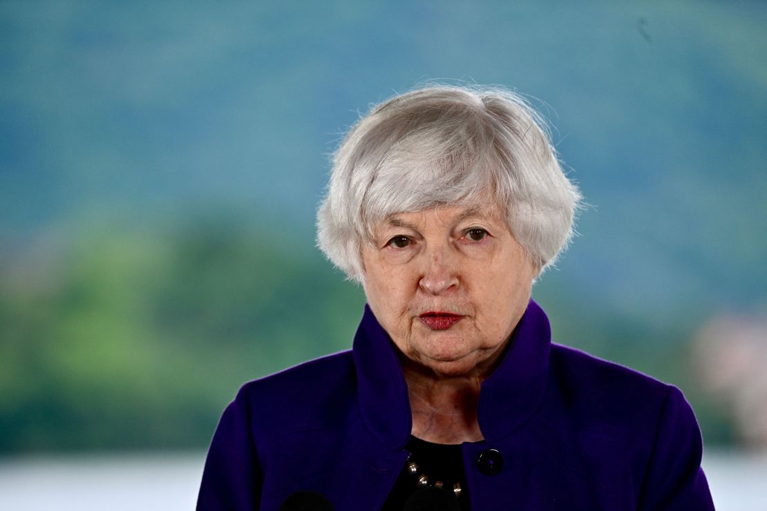 US Treasury Secretary Janet Yellen addresses a press conference in Stresa, Italy, on May 23, 2024.