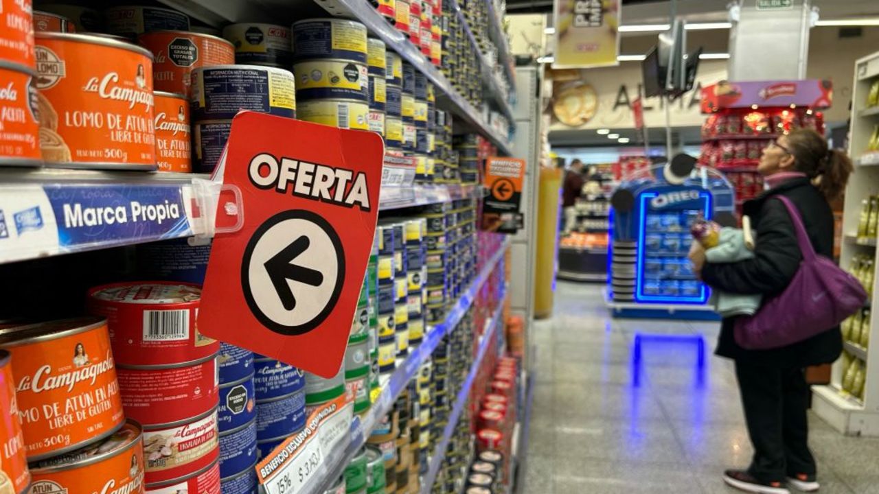 Tuna cans on sale are seen at a supermarket in Buenos Aires on May 23, 2024. Argentina's economic activity continued to plummet in March, with the construction and manufacturing industries leading the slowdown as President Javier Milei's government slashes spending, official figures showed Wednesday. (Photo by STRINGER / AFP) (Photo by STRINGER/AFP via Getty Images)