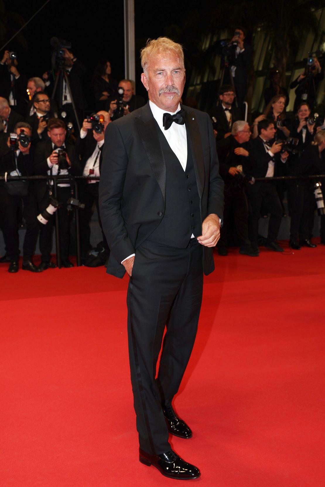 Kevin Costner in a three-piece tuxedo on May 19.