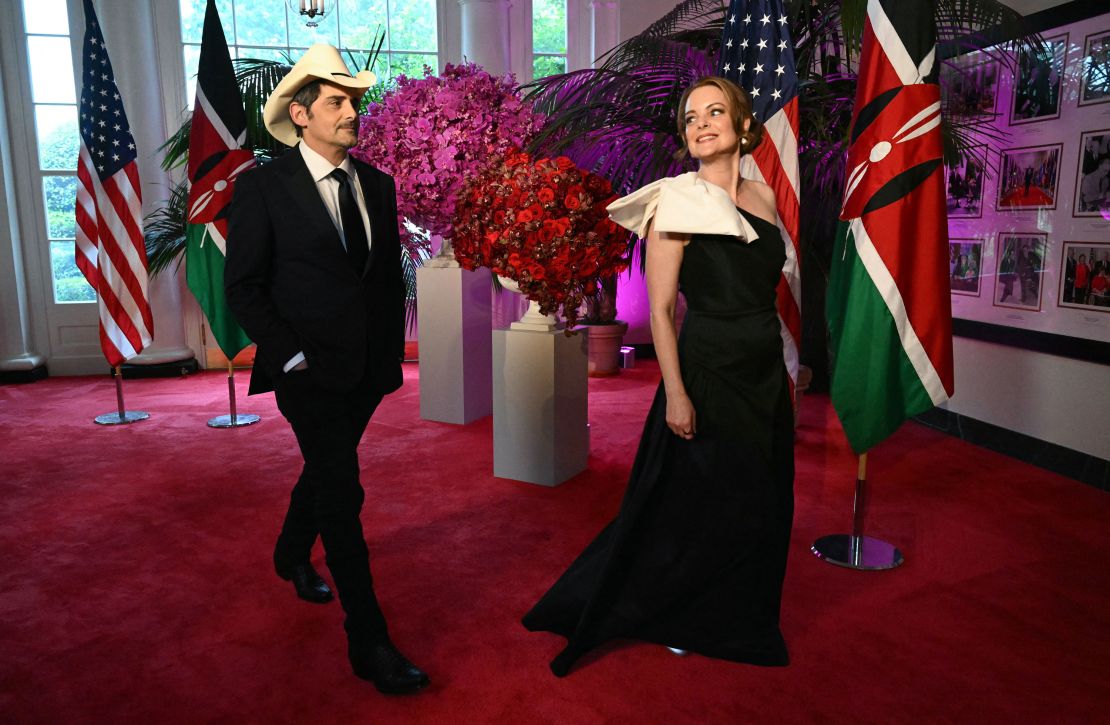 Country star Brad Paisley and his wife actress Kimberly Williams-Paisley arrive at the Booksellers Room of the White House on the occasion of the State Dinner with the Kenyan president at the White House in Washington, DC, on May 23, 2024.
