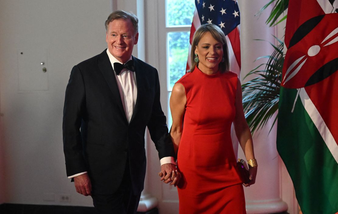 NFL Commissioner Roger Goodell and his wife TV producer Jane Skinner Goodell arrive at the Booksellers Room of the White House on the occasion of the State Dinner with the Kenyan president at the White House in Washington, DC, on May 23, 2024.