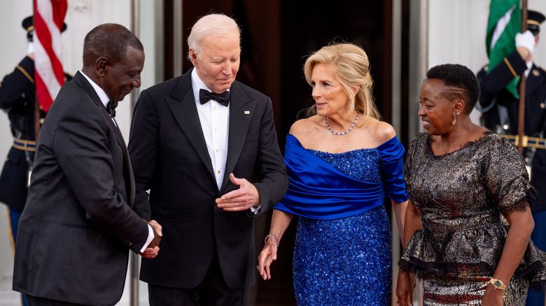 President Joe Biden and first lady Jill Biden greet Kenyan President William Ruto and his wife Rachel Ruto as they arrive for a state dinner at the White House. The visit comes as the US seeks to strengthen ties with Black voters ahead of November's presidential election and bolster trade and military ties amid increased competition in Africa from China and Russia.