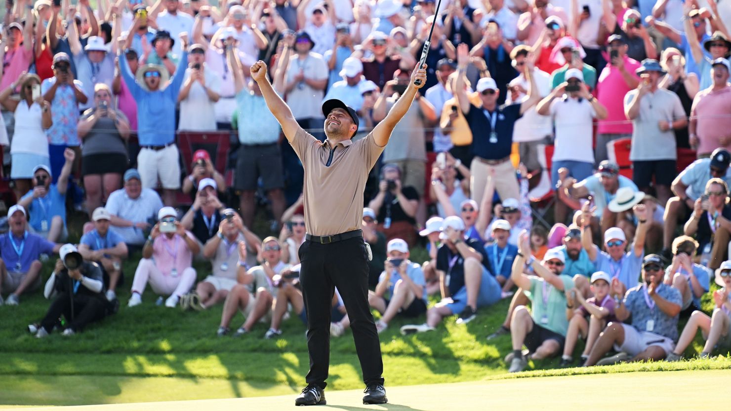 Xander Schauffele of the United States celebrates after winning on the 18th green during the final round of the 2024 PGA Championship at Valhalla Golf Club on May 19, 2024 in Louisville, Kentucky.