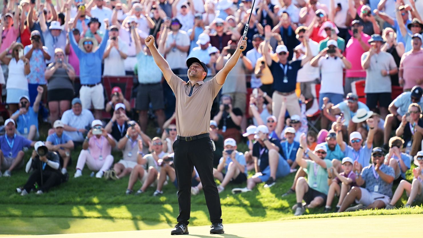 Xander Schauffele of the United States celebrates after winning on the 18th green during the final round of the 2024 PGA Championship at Valhalla Golf Club on May 19, 2024 in Louisville, Kentucky.