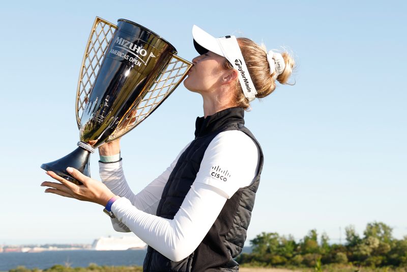 Nelly Korda of the United States poses with the winner’s trophy after winning the Mizuho Americas Open at Liberty National Golf Club on May 19, 2024 in Jersey City, New Jersey.