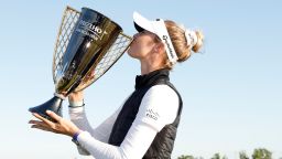 Nelly Korda of the United States poses with the winner’s trophy after winning the Mizuho Americas Open at Liberty National Golf Club on May 19, 2024 in Jersey City, New Jersey.