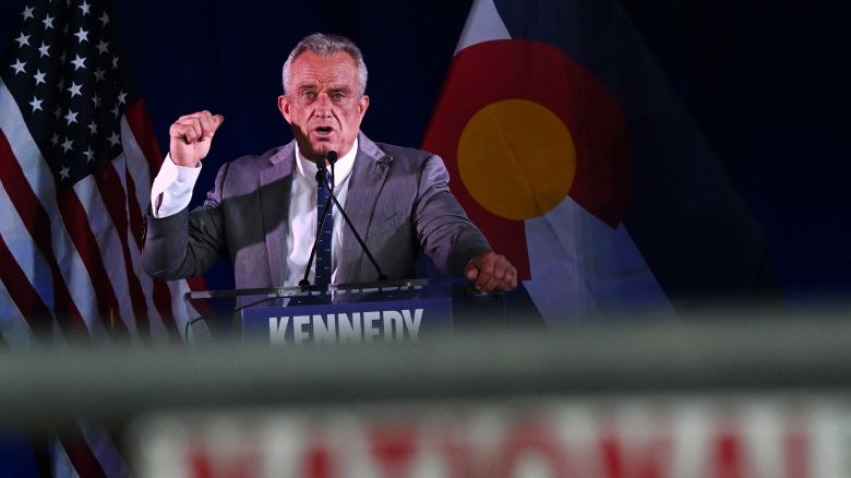 Independent presidential candidate Robert F. Kennedy Jr. speaks during a voter rally at The Hangar at Stanley Marketplace in Aurora, Colorado, on May 19, 2024.