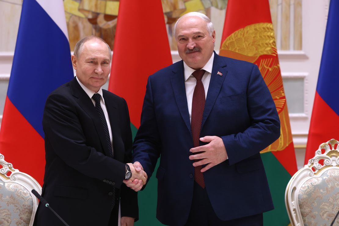 Putin and Lukashenko shake hands during a meeting in Minsk, on May 24, 2024.