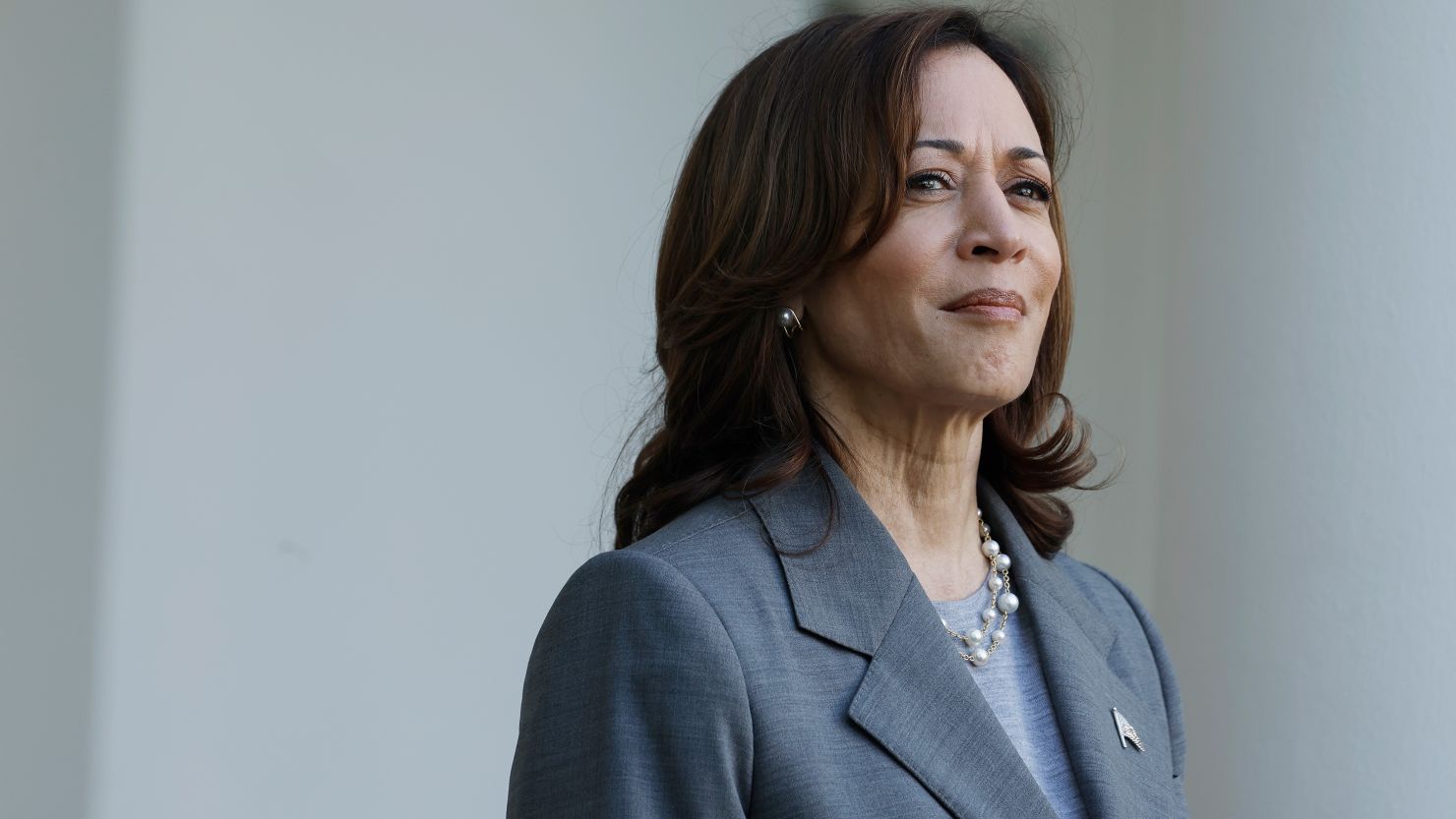 Vice President Kamala Harris looks on as second gentleman Doug Emhoff speaks during a reception celebrating Jewish American Heritage Month in the Rose Garden of the White House on May 20, 2024.