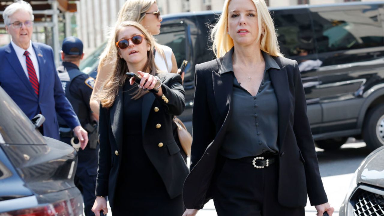 NEW YORK, NEW YORK - MAY 21: Former Florida Attorney General Pam Bondi (R) arrives for a press conference during a break of former U.S. President Donald Trump's hush money trial outside Manhattan Criminal Court on May 21, 2024 in New York City. The defense has rested their case in former President Trump's hush money trial in which he declined to testify in. Judge Juan Merchan says to expect summations and closing arguments in the criminal trial next week. Former U.S. President Trump faces 34 felony counts of falsifying business records in the first of his criminal cases to go to trial.  (Photo by Michael M. Santiago/Getty Images)