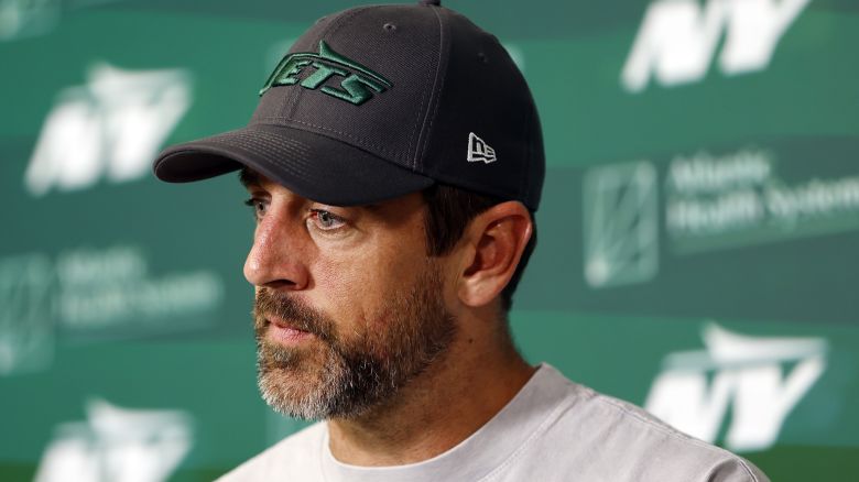 FLORHAM PARK, NEW JERSEY - MAY 21: Aaron Rodgers #8 of the New York Jets speaks to the media during the New York Jets OTA Offseason Workout at Atlantic Health Jets Training Center on May 21, 2024 in Florham Park, New Jersey. (Photo by Sarah Stier/Getty Images)
