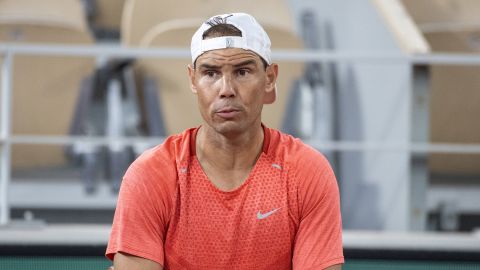 PARIS, FRANCE - MAY 22.   Rafael Nadal of Spain during a practice match with Stan Wawrinka of Switzerland on Court Philippe-Chatrier in preparation for the 2024 French Open Tennis Tournament at Roland Garros on May 22nd, 2024, in Paris, France. (Photo by Tim Clayton/Corbis via Getty Images)