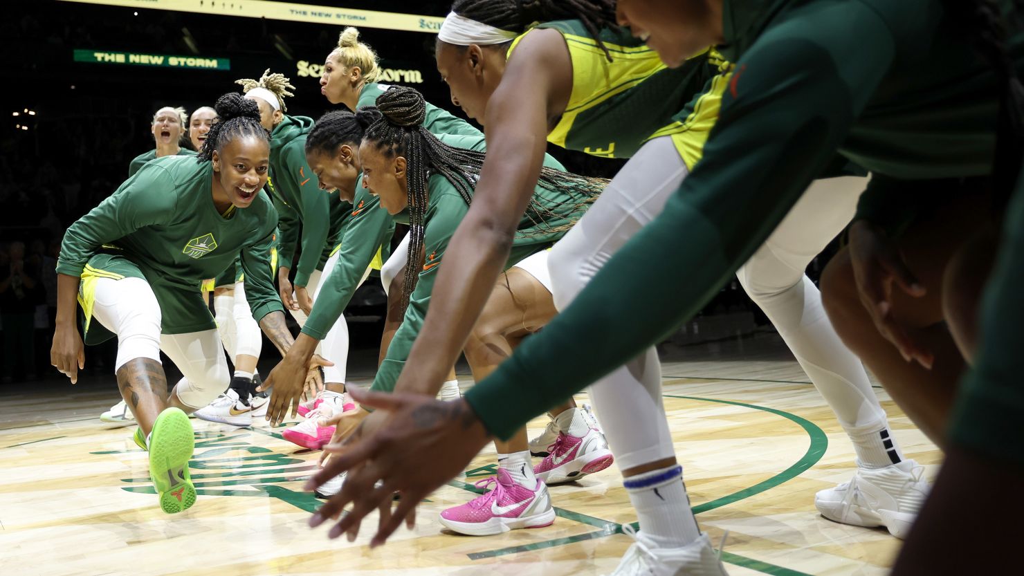 Jewell Loyd #24 of the Seattle Storm reacts as she is announced prior to a game against the Indiana Fever in the game at Climate Pledge Arena on May 22, 2024 in Seattle, Washington.