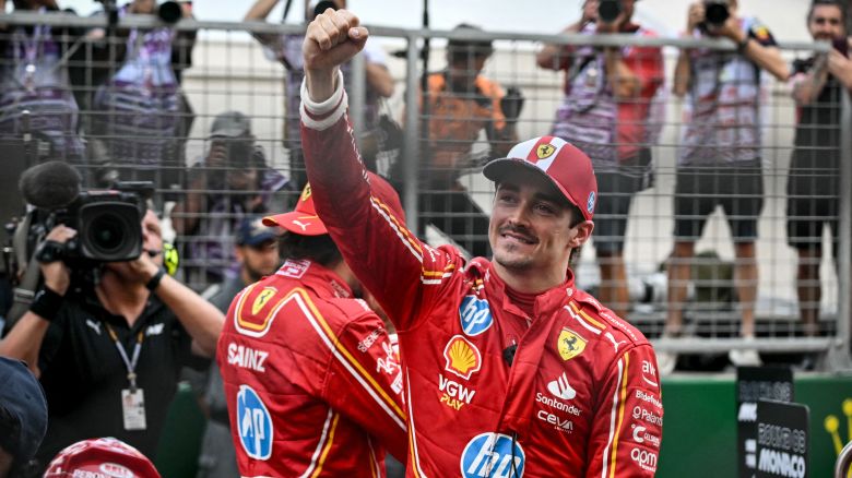 Charles Leclerc celebrates after winning his home Monaco Grand Prix.