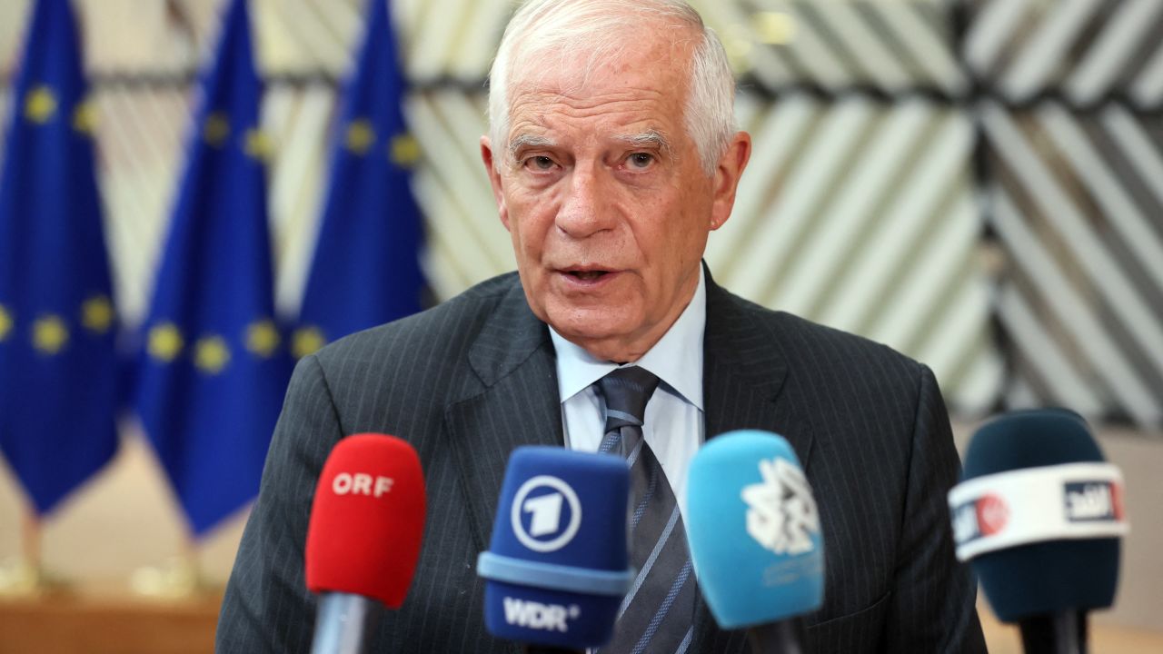 European Union High Representative for Foreign Affairs and Security Policy Josep Borrell delivers a statement to the media prior to a Foreign Affairs Council (FAC) meeting at the EU headquarters in Brussels on May 27, 2024. (Photo by François WALSCHAERTS / AFP) (Photo by FRANCOIS WALSCHAERTS/AFP via Getty Images)