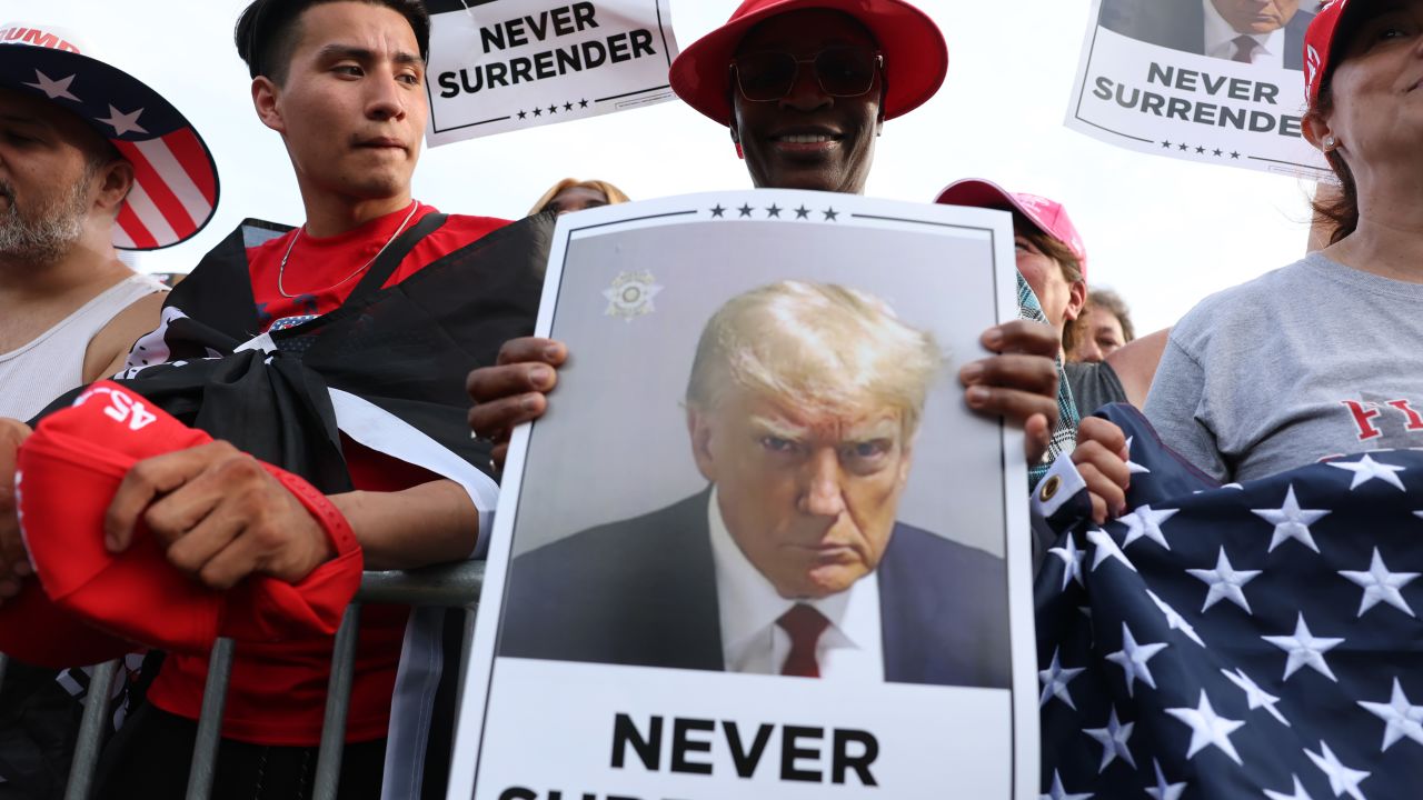 NEW YORK, NEW YORK - MAY 23: Supporters of former President Donald Trump watch as he holds a rally in the historical Democratic district of the South Bronx on May 23, 2024 in New York City. The Bronx, home to a large Latino community, has been a Democratic base for generations of voters and the rally comes as Trump looks to attract more non-white voters. A Manhattan jury is set to begin deliberations on whether to convict Trump of felony charges in his criminal hush money trial. (Photo by Spencer Platt/Getty Images)