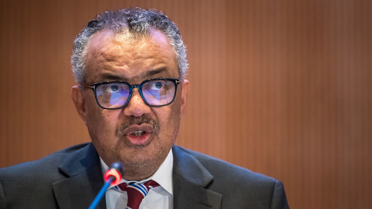 World Health Organization (WHO) Director-General Tedros Adhanom Ghebreyesus delivers his speech in Geneva on May 27.