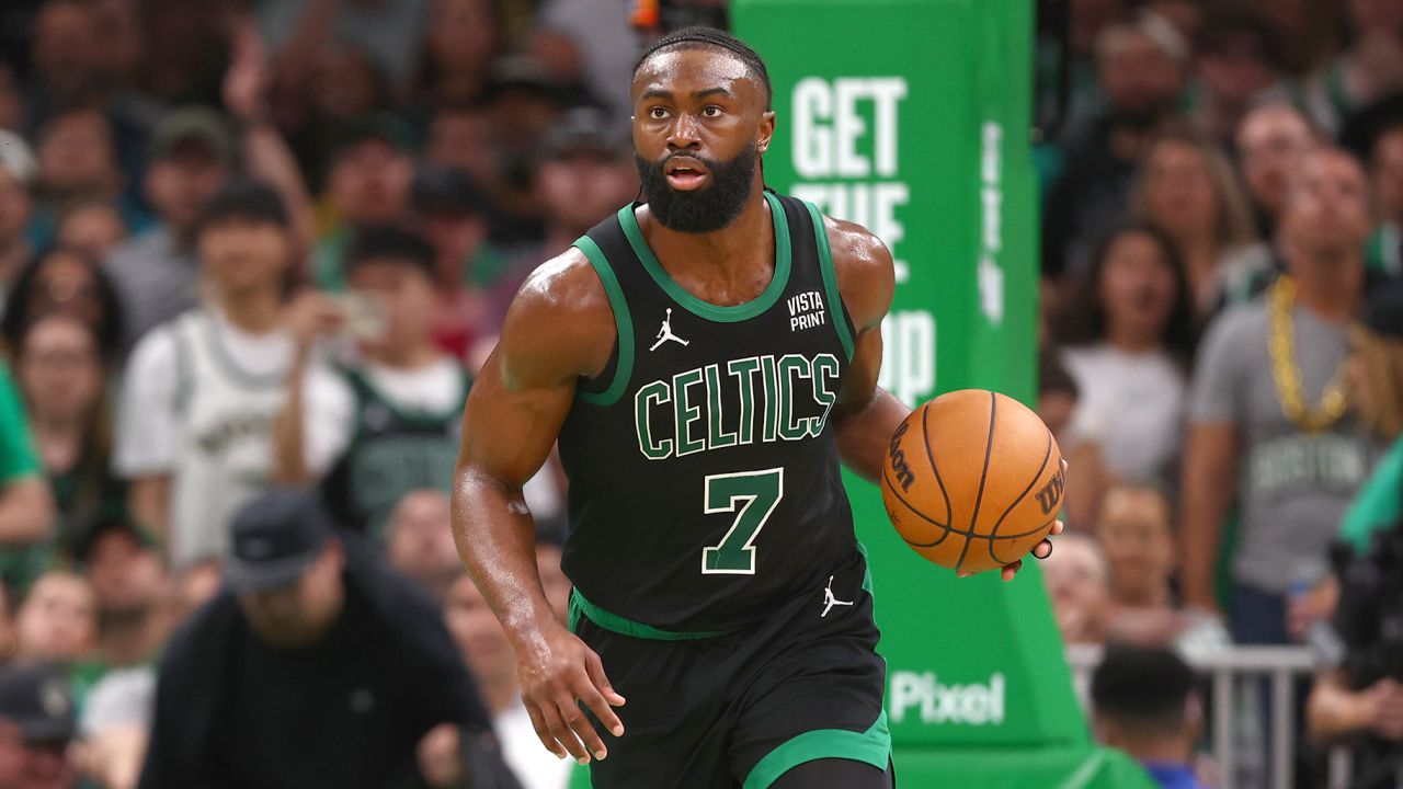 BOSTON, MASSACHUSETTS - MAY 23: Jaylen Brown #7 of the Boston Celtics dribbles the ball during the third quarter in Game Two of the Eastern Conference Finals at TD Garden on May 23, 2024 in Boston, Massachusetts. NOTE TO USER: User expressly acknowledges and agrees that, by downloading and or using this photograph, User is consenting to the terms and conditions of the Getty Images License Agreement. (Photo by Maddie Meyer/Getty Images)