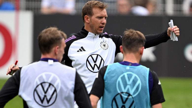 27 May 2024, Thuringia, Jena: Germany's national coach Julian Nagelsmann in action during the public training session in Jena. Photo: Federico Gambarini/dpa - IMPORTANT NOTE: In accordance with the regulations of the DFL German Football League and the DFB German Football Association, it is prohibited to utilize or have utilized photographs taken in the stadium and/or of the match in the form of sequential images and/or video-like photo series. (Photo by Federico Gambarini/picture alliance via Getty Images)