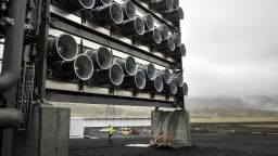 A bank of fans draws air through specialized filters at Climeworks' Mammoth carbon removal plant on May 24, 2024 in Reykjavik, Iceland.