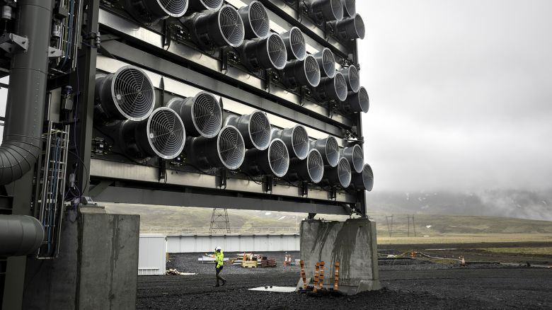 A bank of fans draws air through specialized filters at Climeworks' Mammoth carbon removal plant on May 24, 2024 in Reykjavik, Iceland.