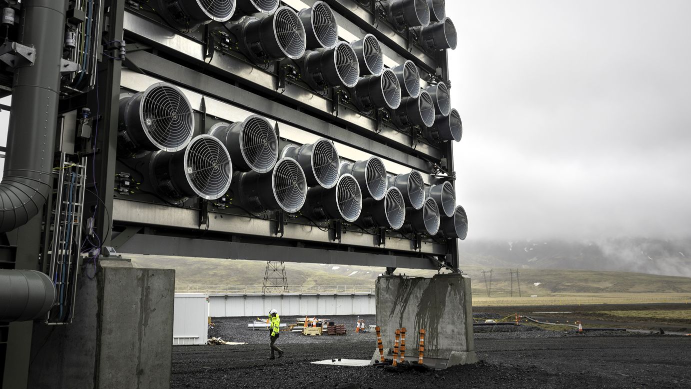 A bank of fans draws air through specialized filters at Climeworks' Mammoth carbon removal plant on May 24, 2024 in Reykjavik, Iceland.