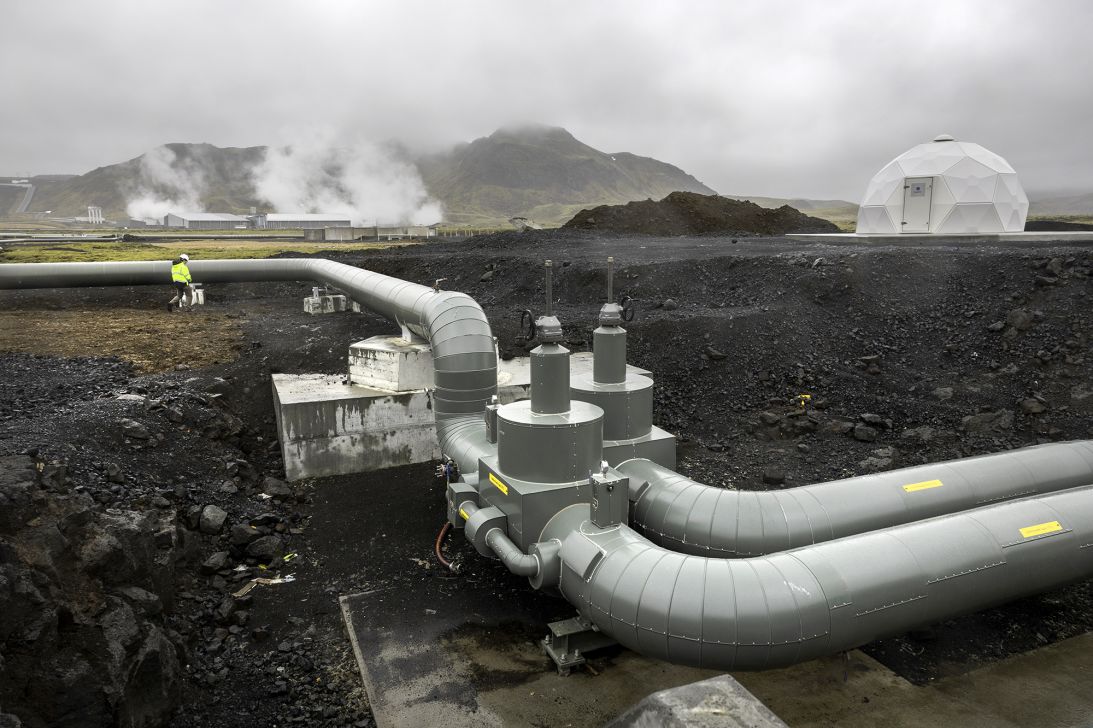 Hot water is pumped from a geothermal power installation at the ClimeWorks carbon elimination plant on May 24, 2024 in Reykjavik, Iceland.
