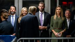 Donald Trump Jr., Tiffany Trump, Eric Trump  and Lara Trump look on as former President Donald Trump arrives for his criminal trial at Manhattan Criminal Court on May 28, 2024 in New York City.