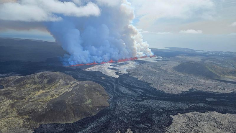 Another volcanic eruption is seen from a helicopter flight for the fifth time since December on the Reykjanes peninsula in southwestern Iceland on May 29, 2024.