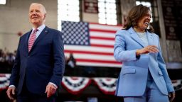 President Joe Biden and Vice President Kamala Harris take the stage at a campaign rally at Girard College on May 29, 2024 in Philadelphia.