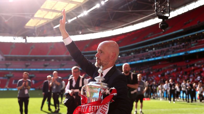Erik ten Hag celebrated after winning the FA Cup trophy but there is uncertainty over his future.