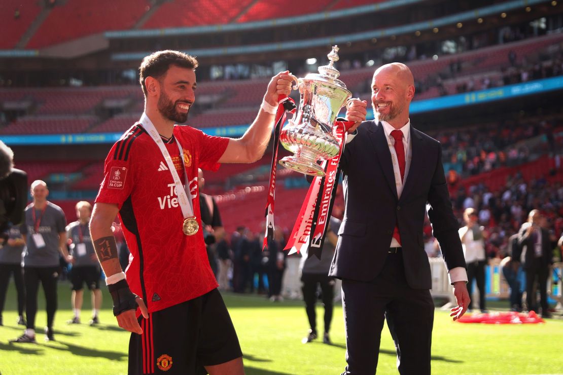 Erik ten Hag and Manchester United star Bruno Fernandes celebrate winning the FA Cup last season.