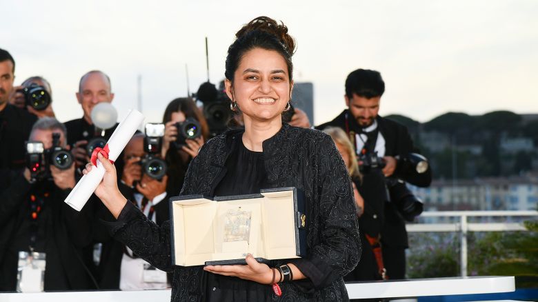 Payal Kapadia poses with the 'Grand Prix' Award for 'All We Imagine As Light' during the Palme D'Or Winners Photocall at the 77th annual Cannes Film Festival at Palais des Festivals on May 25, 2024 in Cannes, France.
