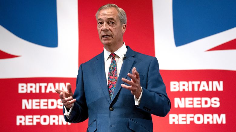 LONDON, ENGLAND - MAY 30: Nigel Farage, honorary president of Reform UK, speaks during a party election campaign event on May 30, 2024 in London, England. Reform UK's key pledges include freezing non-essential immigration, implementing a six-point plan to stop small boats, immediately deporting foreign criminals, restricting dependents on student visas, and imposing significant penalties on companies employing illegal workers. (Photo by Carl Court/Getty Images)