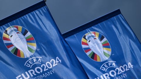 Flags with the logos of the UEFA Euro 2024 European Football Championship are pictured outside the Arena Frankfurt football stadium in Frankfurt am Main, western Germany on May 30, 2024. The UEFA EURO 2024 European Football Championship will take place from June 14 to July 14 in ten stadiums around Germany, including the Arena Frankfurt football stadium. (Photo by Kirill KUDRYAVTSEV / AFP) (Photo by KIRILL KUDRYAVTSEV/AFP via Getty Images)