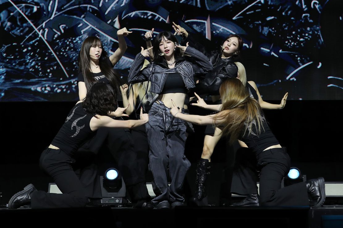 Girl group Aespa - featuring K-pop singer Karina, center - perform in Seoul, in May last year.