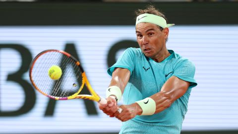 PARIS, FRANCE - MAY 27: Rafael Nadal of Spain plays a backhand against Alexander Zverev of Germany in the Men's Singles first round match on Day Two of the 2024 French Open at Roland Garros on May 27, 2024 in Paris, France. (Photo by Clive Brunskill/Getty Images)