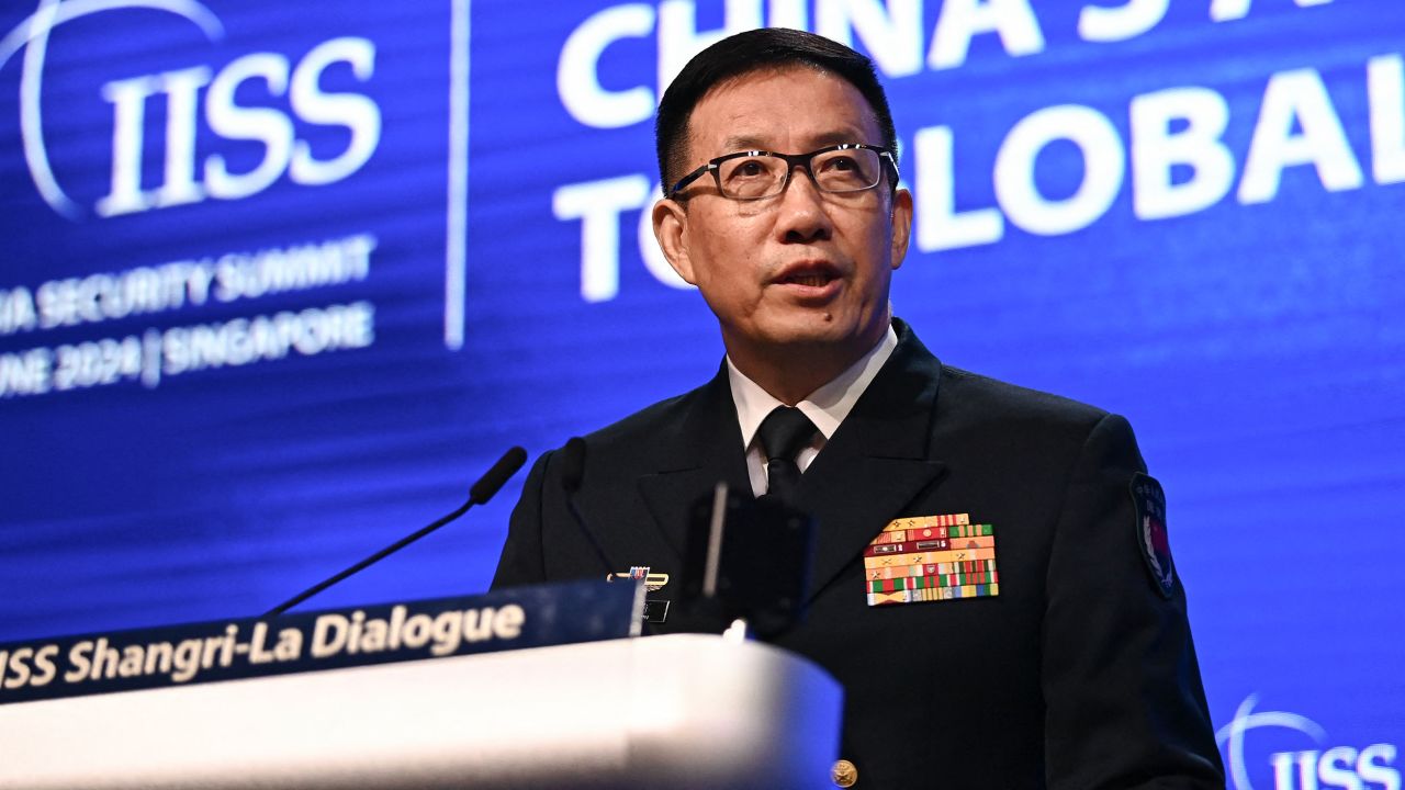 China's Defense Minister Dong Jun speaks during the Shangri-La Dialogue summit in Singapore on June 2.