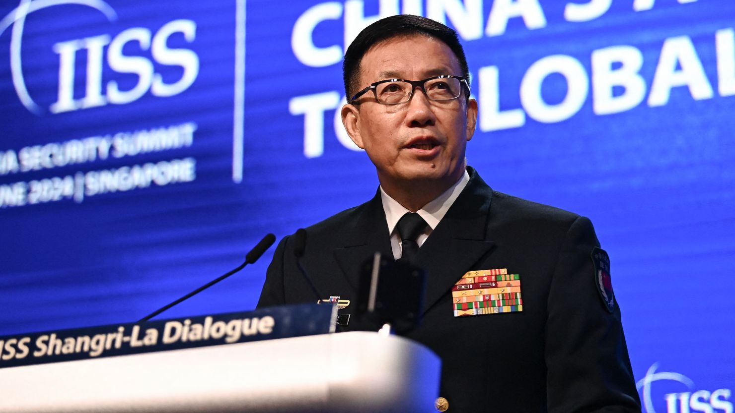 China's Defence Minister Dong Jun speaks during the Shangri-La Dialogue summit in Singapore on June 2, 2024.