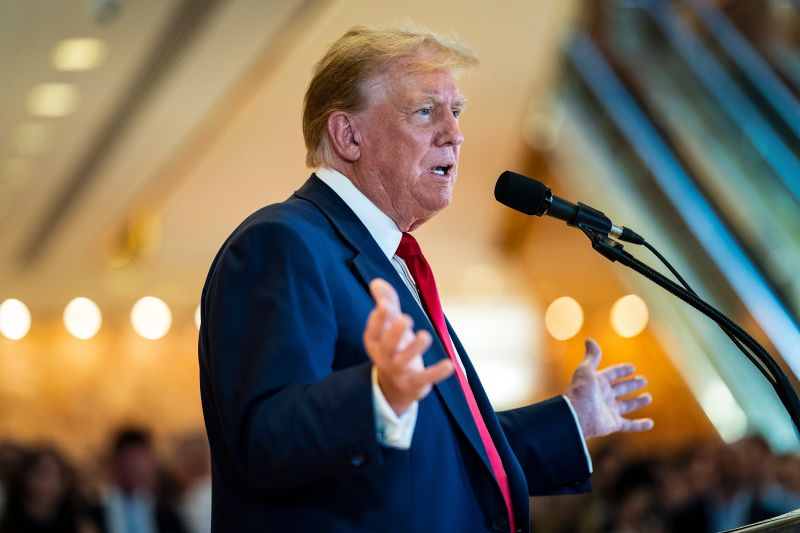 Former President Donald Trump speaks at a news conference from the lobby of Trump Tower the day after being found guilty on 34 felony counts of falsifying business records in the first degree at Manhattan Criminal Court, in New York, NY on Friday, May 31, 2024. Trump became the first former president to be convicted of felony crimes as a New York jury found him guilty of 34 felony counts of falsifying business records in a scheme to illegally influence the 2016 election through hush money payments to a porn actor who said the two had sex.