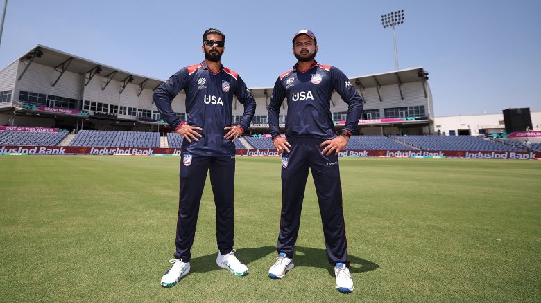 DALLAS, TEXAS - MAY 29: Ali Khan and Monank Patel of the USA pose prior to the ICC Men's T20 Cricket World Cup West Indies & USA 2024 match between USA and Canada at Grand Prairie Cricket Stadium on May 29, 2024 in Dallas, Texas. (Photo by Robert Cianflone/Getty Images)