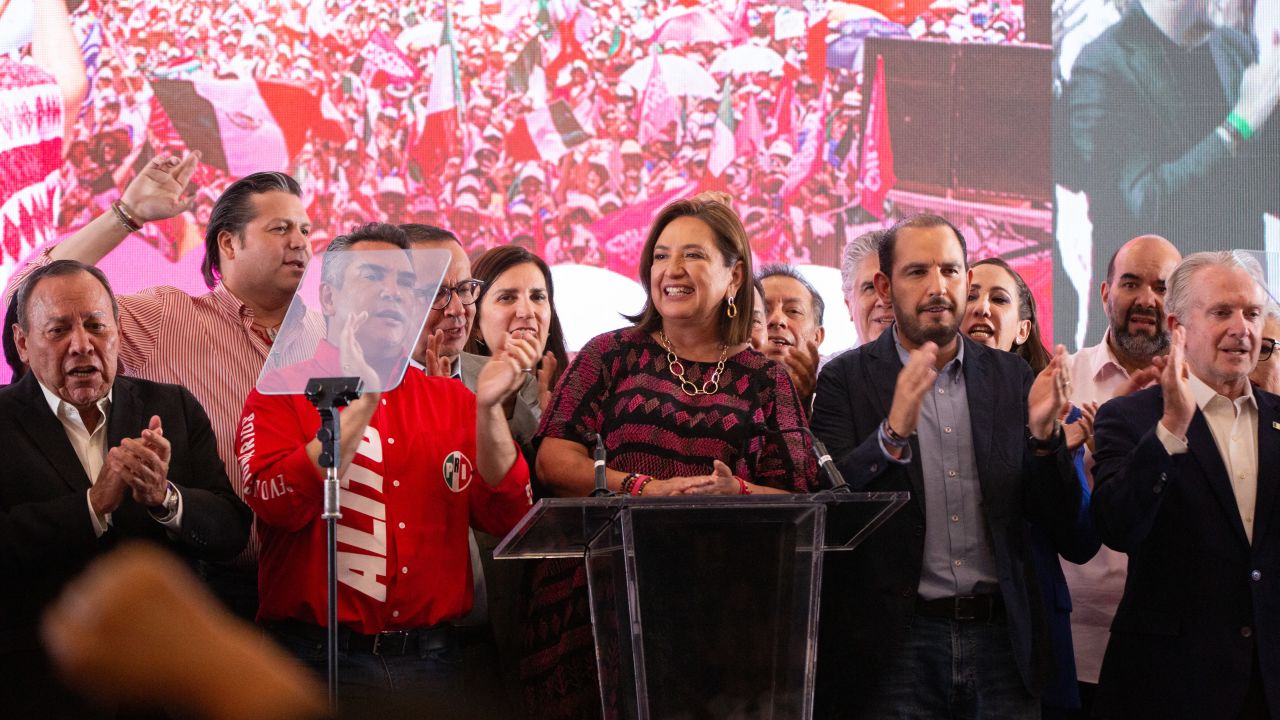 Mexico's opposition presidential candidate Xochitl Galvez of the Fuerza y Corazon por Mexico coalition party talks to supporters following the  results of the general election in Mexico City, on June 3, 2024.  (Photo by Seila Montes / AFP) (Photo by SEILA MONTES/AFP via Getty Images)