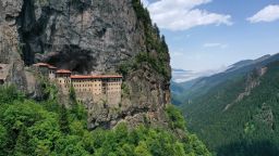 TRABZON, TURKIYE - MAY 30: An aerial view of Sumela Monastery, a historical Greek-Orthodox monastery carved into the Pontic Mountains in the Roman Imperial Period, during spring season in Trabzon, Turkiye on May 30, 2024. (Photo by Hasan Tascan/Anadolu via Getty Images)