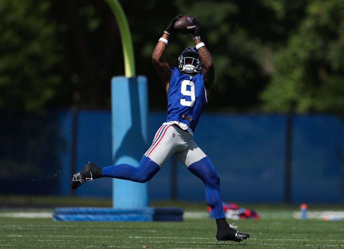 Nabers makes a catch during OTA offseason training.