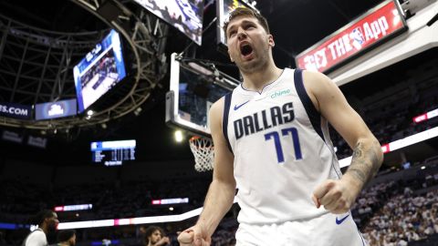 MINNEAPOLIS, MINNESOTA - MAY 30: Luka Doncic #77 of the Dallas Mavericks celebrates during the fourth quarter against the Minnesota Timberwolves in Game Five of the Western Conference Finals at Target Center on May 30, 2024 in Minneapolis, Minnesota. NOTE TO USER: User expressly acknowledges and agrees that, by downloading and or using this photograph, User is consenting to the terms and conditions of the Getty Images License Agreement. (Photo by David Berding/Getty Images)