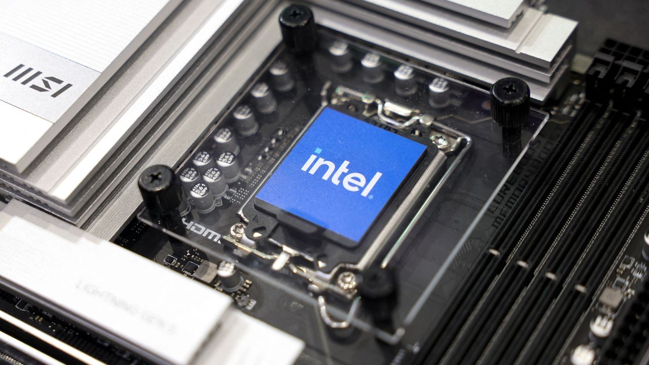 The sample of an Intel chip is displayed at the Computex event in Taipei, Taiwan, on June 4, 2024.